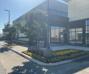 building exterior with trees and flower beds along a parking lot